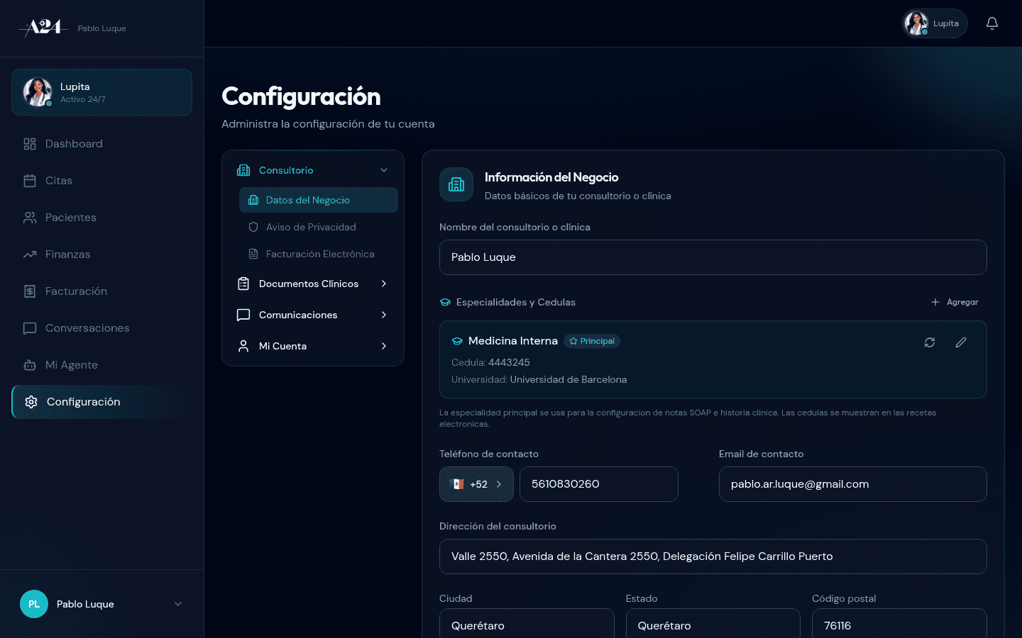 Sección de configuración del consultorio