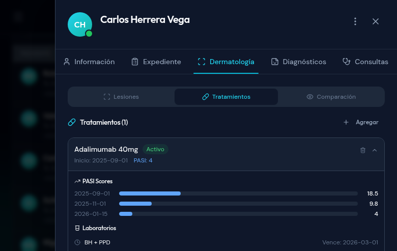 Protocolo de biológicos con historial de scores PASI