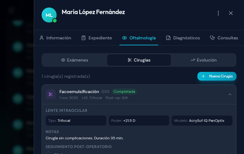 Registro de cirugías oculares con timeline post-operatorio