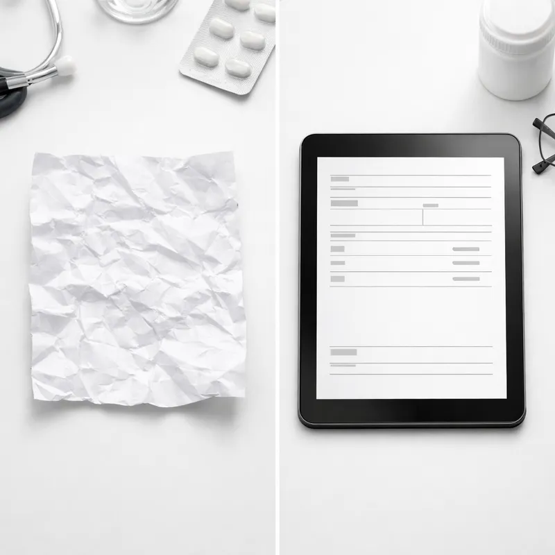 Comparación entre receta médica manuscrita en papel y receta electrónica en pantalla digital