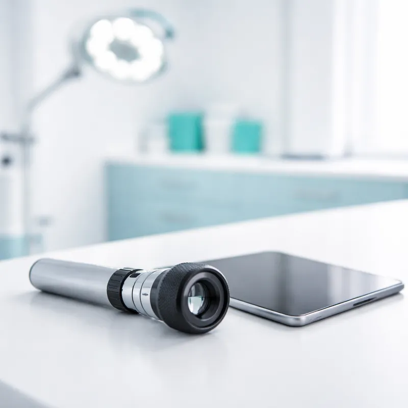 Dermatoscopio junto a una tablet en un consultorio dermatológico moderno